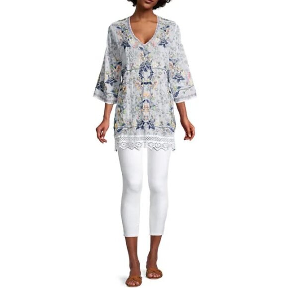 Johnny Was 'Azalia' Floral-Embroidered Tunic Top, Blue/White Multicolor - Picture 1 of 4